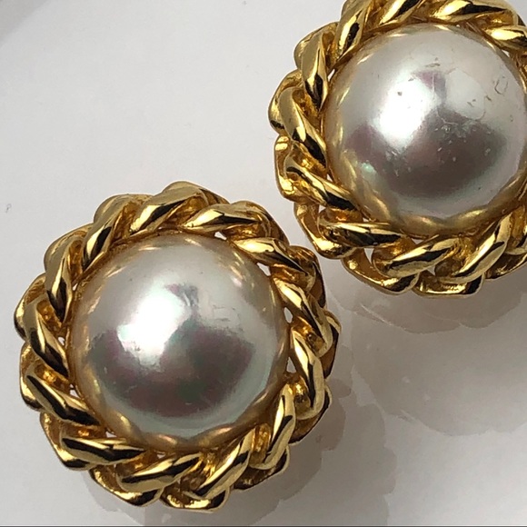 VTG CHRISTIAN DIOR FAUX PEARL CHAIN LINK EARRINGS - Picture 2 of 12